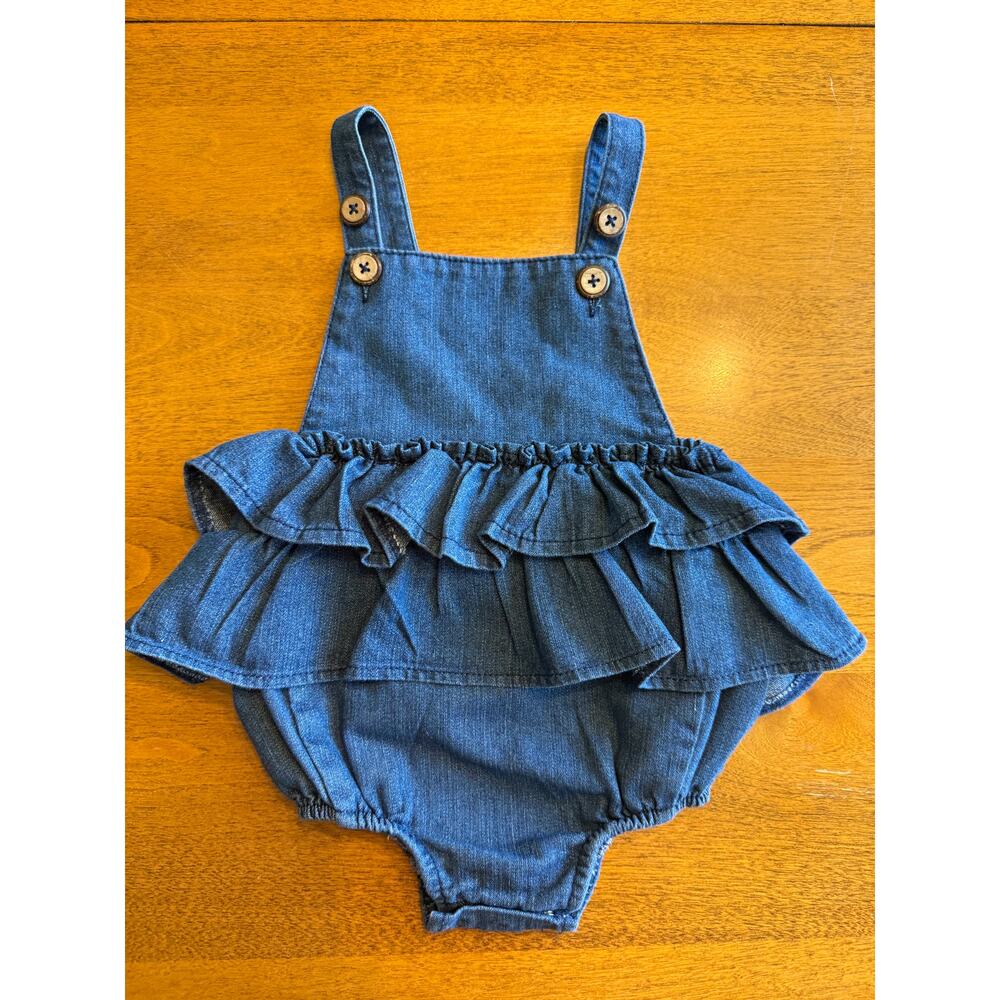 Mudpie denim baby overall romper - blue - ruffled - summer - size 9 - 12 months